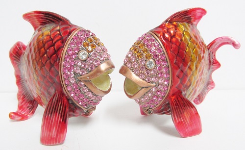 Faberge' Inspired Jeweled Enameled Fish Trinket Box<br>Red/Orange & Pink<br>(Click on picture-FULL DETAILS)